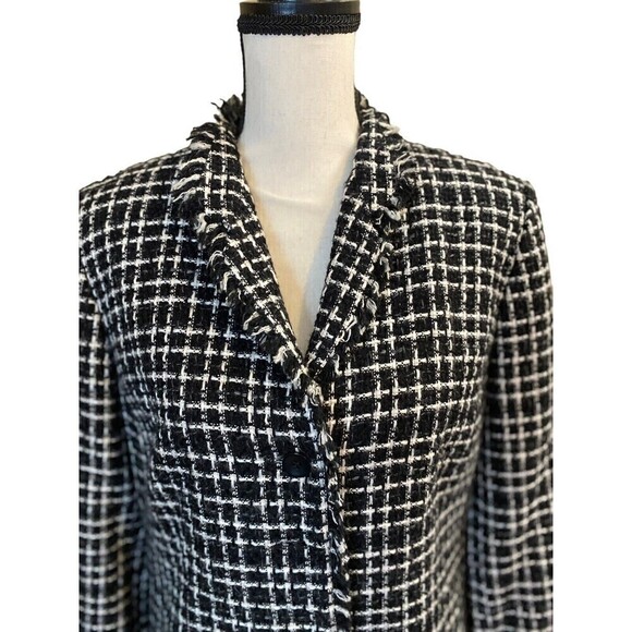 David Brooks Blazer Womens Size 10 Black White Plaid Two Buttons Fringe Classic - Picture 2 of 8